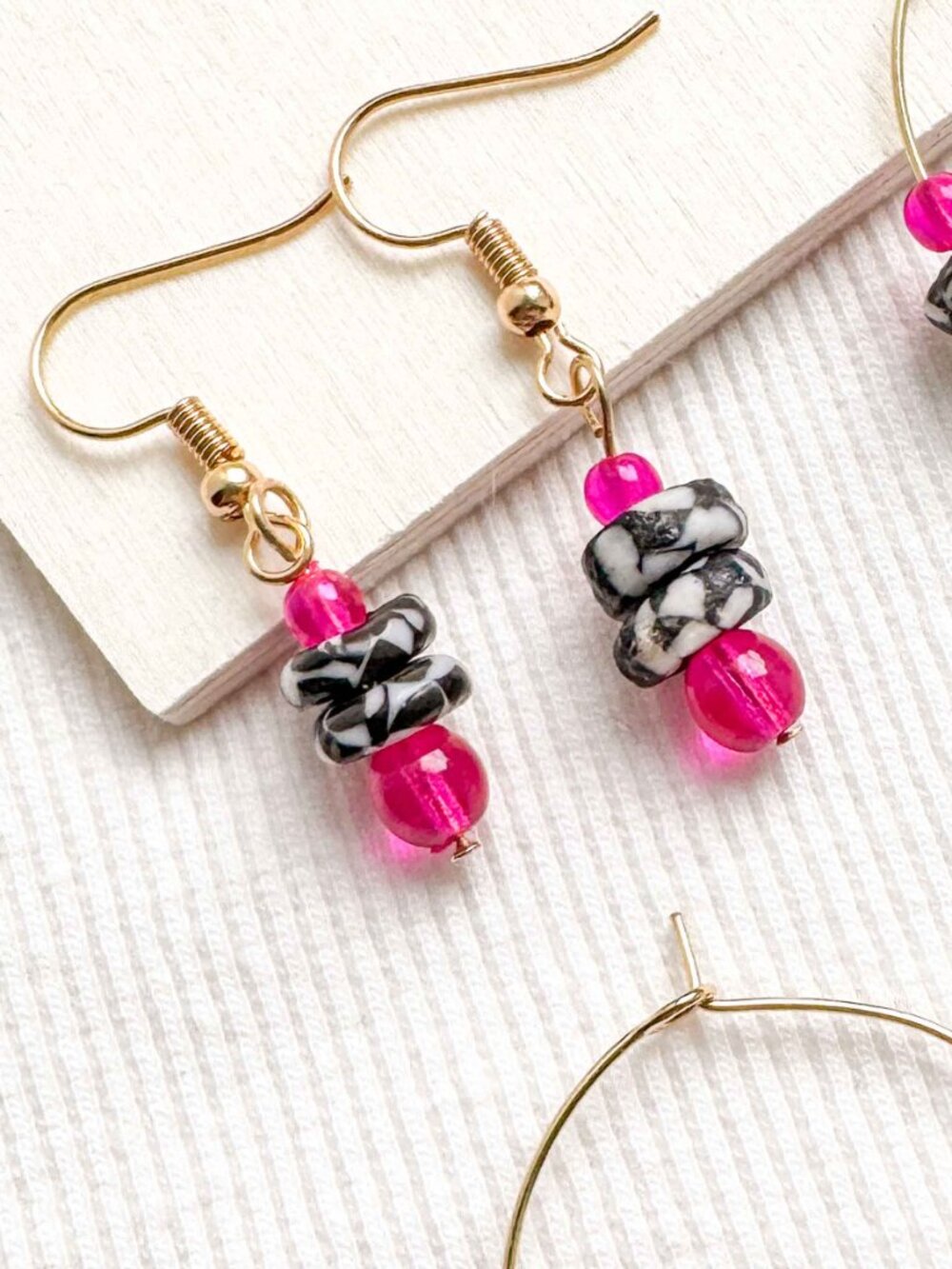 Recycled Glass Hoop Earrings Pink Black White Stainless Steel Beaded - Picture 10 of 12